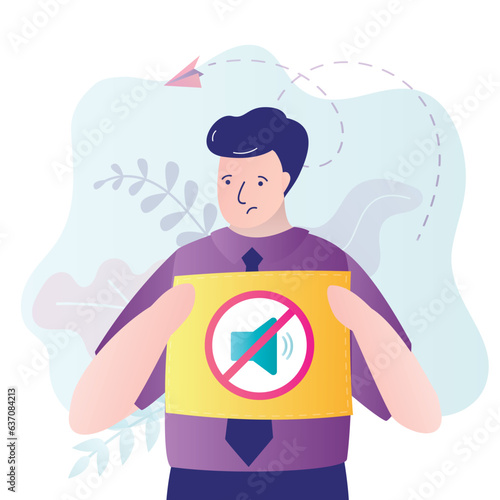 Hearing disability concept. Unhappy deaf man, people with hearing aid. Young disabled deaf-mute female character communicate using sign language. Deaf language
