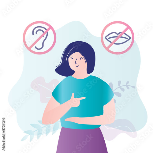Hearing disability concept. Deaf woman, people with hearing aid. Young disabled deaf-mute female character communicate using sign language. Deaf language, articulation.