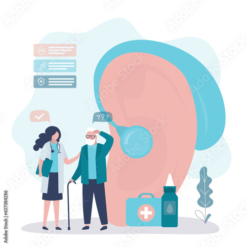 Audiologist ENT-doctor consultate old pensioner man patient. Deaf-aid, aerophone, otitic hearing aid. Eardrum treatment. ORL clinic. Medical hospital diagnostics. Otolaryngology exam.