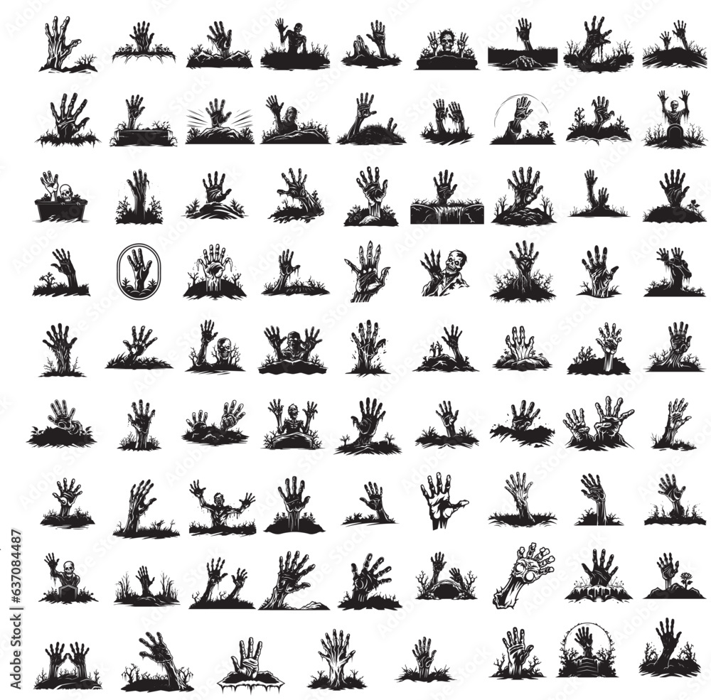 Fototapeta premium Zombie hands silhouette. Creepy zombie crooked lambs stick out of graveyard ground vector illustration
