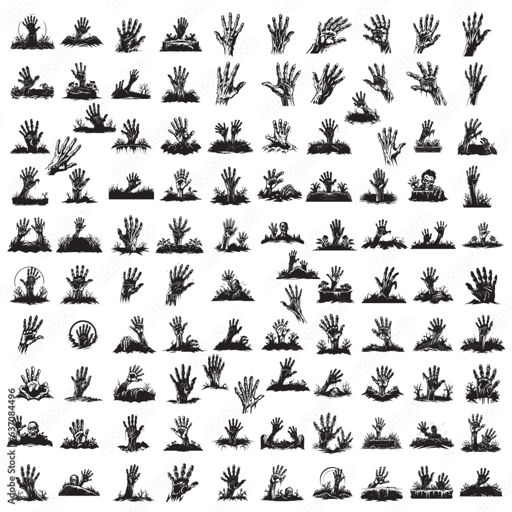 Naklejka premium Zombie hands silhouette. Creepy zombie crooked lambs stick out of graveyard ground vector illustration