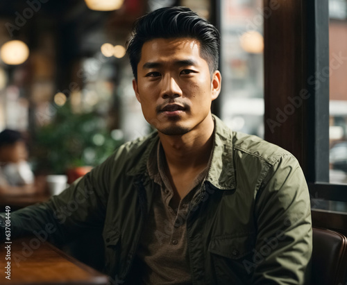 Asian man sitting in a coffee shop 