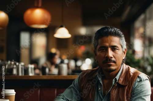 Mexican man sitting in a coffee shop 