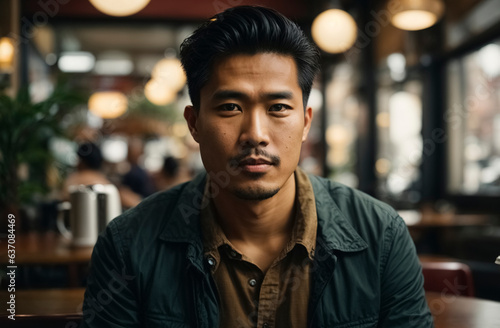 Asian man sitting in a coffee shop 