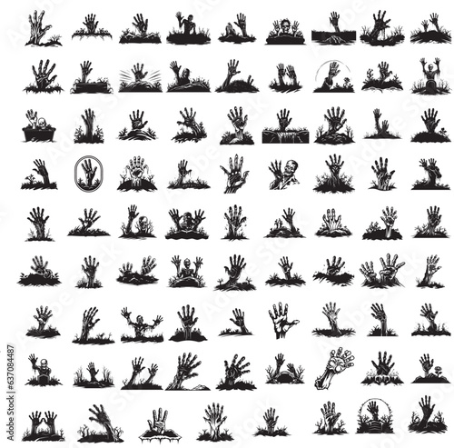 Zombie hands silhouette. Creepy zombie crooked lambs stick out of graveyard ground vector illustration