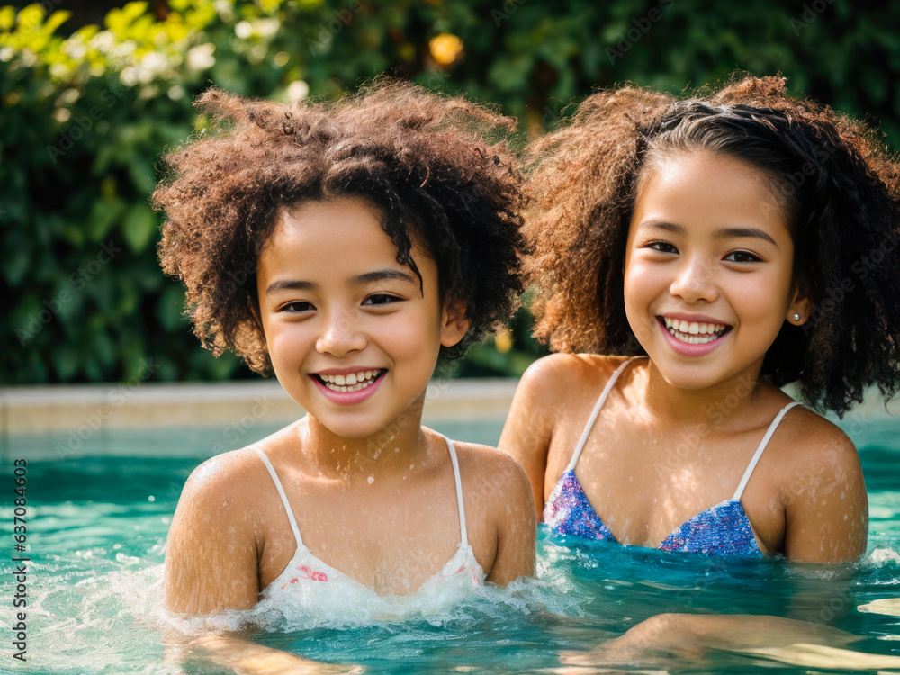 Digital photo of energetic group of positive beautiful young laughing children splashes and plays an outdoor swimming pool