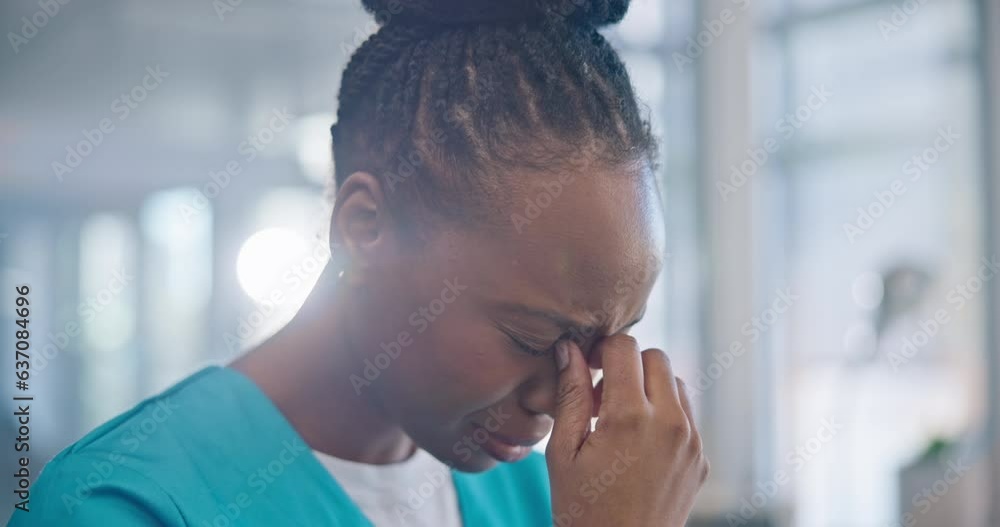 Black woman, nurse and crying, sad and mental health with depression, help and psychology with stress at work. Fatigue, healthcare and burnout with mistake, fail with reaction to news and overwhelmed Black woman, nurse and crying, sad and mental health with depression, help and psychology with stress at work. Fatigue, healthcare and burnout with mistake, fail with reaction to news and overwhelmed