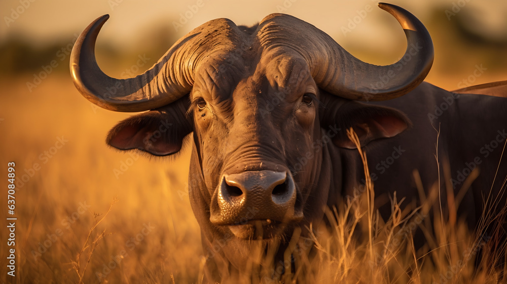 Naklejka premium Buffle africain, face à la caméra, hyper-détaillé, en haute définition