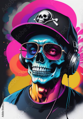 a close up of a skull with headphones on it