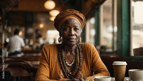 Old african woman sitting in a coffee shop