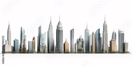 Set of different skyscraper buildings isolated on white. 3d illustration