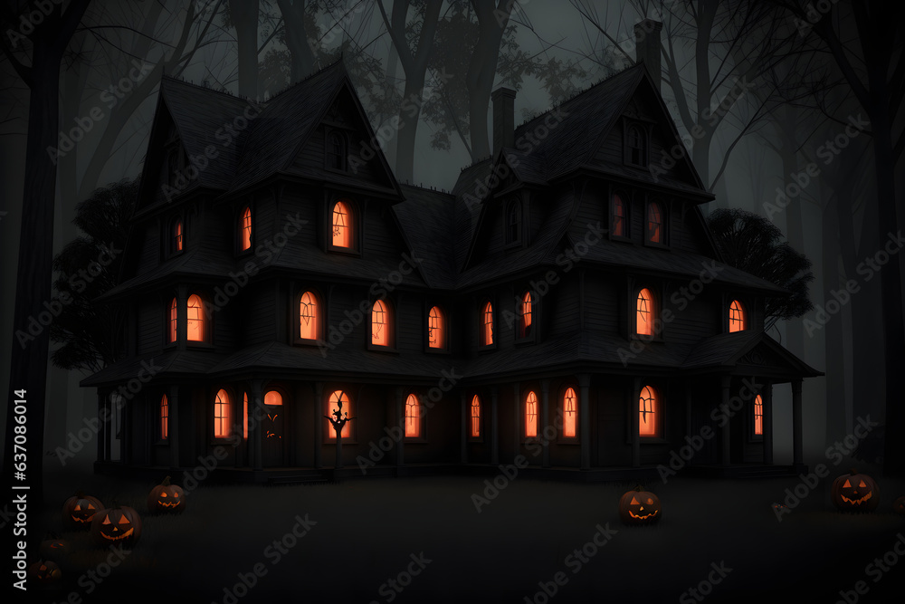 Halloween scene horror background with creepy pumpkins of spooky halloween haunted mansion Evil houseat night with full moon.