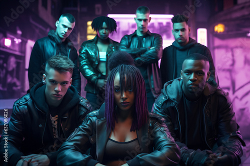 futuristic rebel squad neon-lit urban warriors in cyberpunk alley