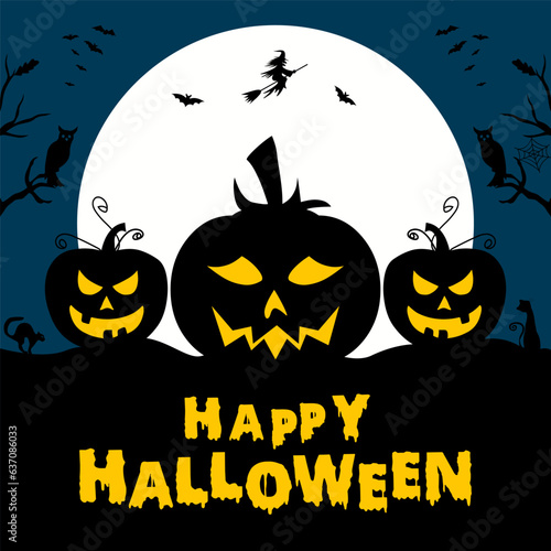 Happy halloween poster banner with green pumpkin haunted house on full moon vector illustration.