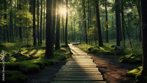 wooden path in a forest with sunlight Generative AI © SKIMP Art