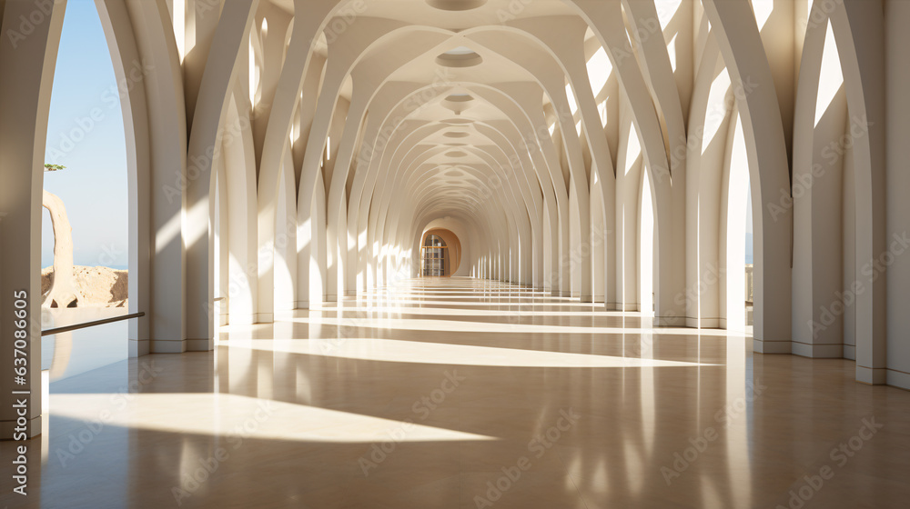 Sunlight shines through columns in a long and white corridor. Architecture modern geometric concrete structure