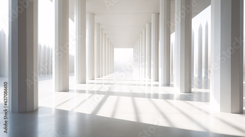 Sunlight shines through columns in a long and white corridor. Architecture modern geometric concrete structure