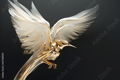 Crystal glossy golden eagle on dark background, crystal bird background, golden 3D bird creative illustration. Generative AI
