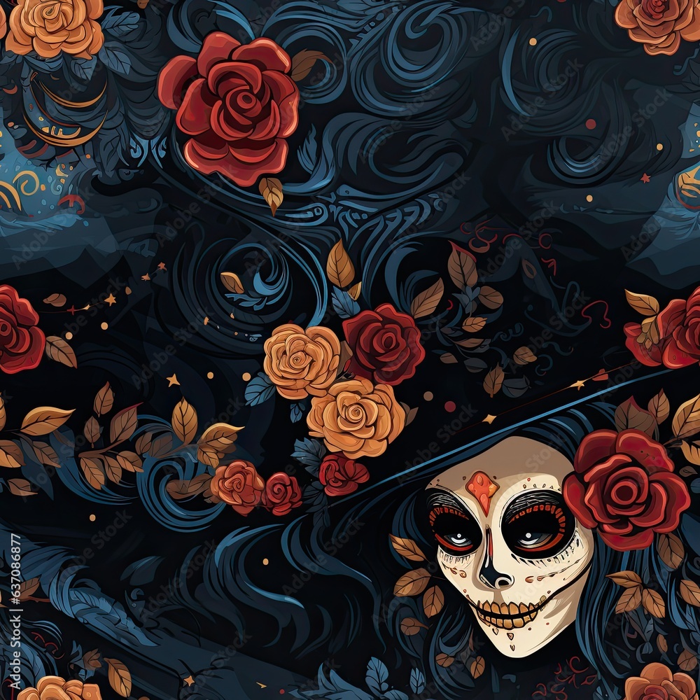 Mysterious Symbolism: Seamless Background with Mexican Details. dia de los Muertos