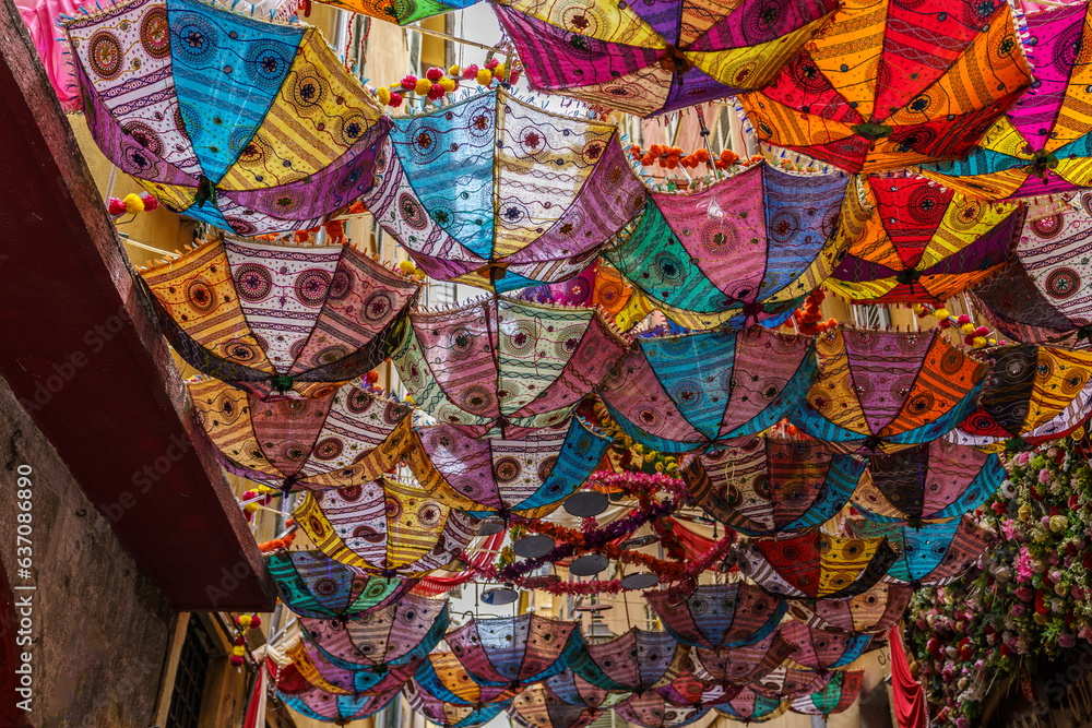 Beautiful and extremely colorful umbrellas, from which a decorative roof was created.