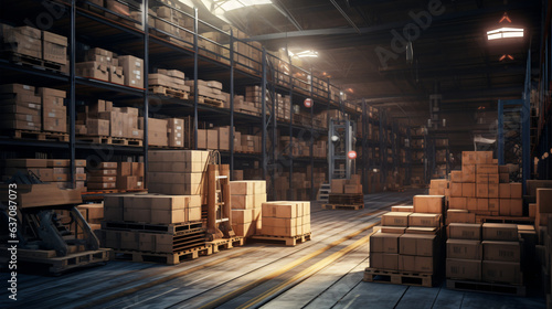 warehouse interior with shelves, pallets and boxes. store warehouse concept.