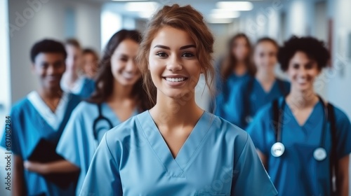 Portrait of beautiful young nursing student standing with her team in hospital.