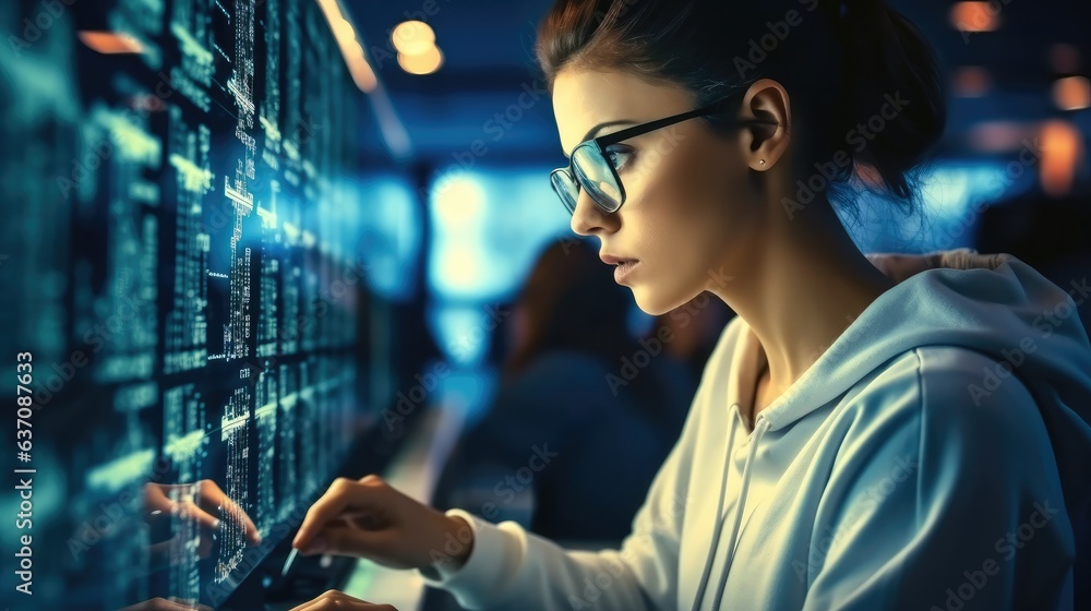 Naklejka premium Professional it woman using device writing code computer network maintenance at control data room.