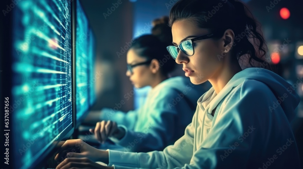 Professional it woman using device writing code computer network maintenance at control data room. Professional it woman using device writing code computer network maintenance at control data room.