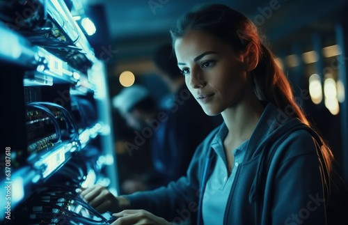 Professional it women are repair computer network in control data room.