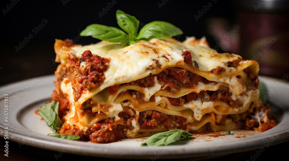Traditional lasagna made with minced beef bolognese sauce and bechamel sauce topped with basil leaves on dark background. Recipe, restaurant menu. Side view, close up Traditional lasagna made with minced beef bolognese sauce and bechamel sauce topped with basil leaves on dark background. Recipe, restaurant menu. Side view, close up