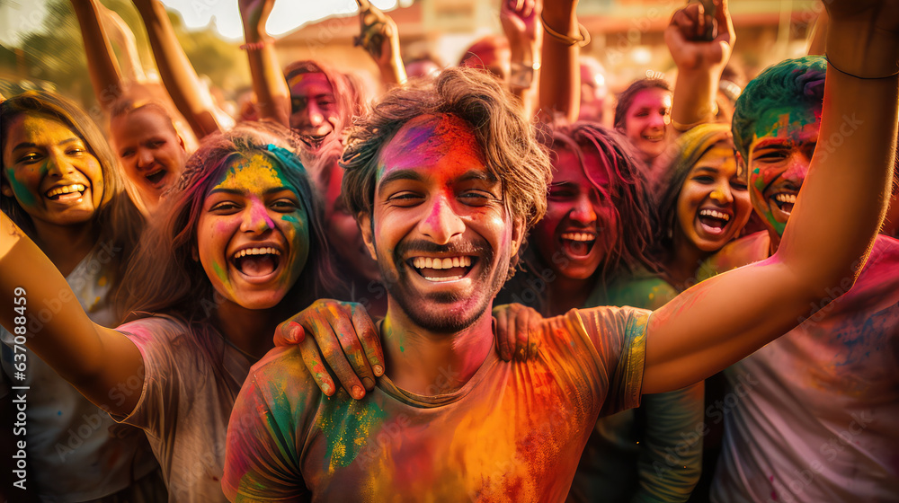 Indian people celebrating Holi festival with colourful powder in India Indian people celebrating Holi festival with colourful powder in India