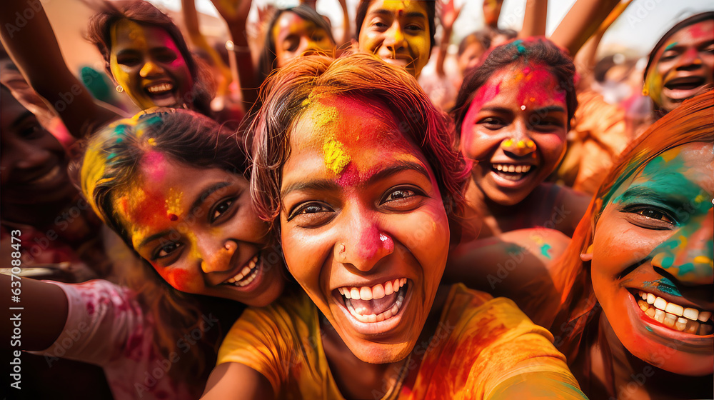 Indian people celebrating Holi festival with colourful powder in India - obrazy, fototapety, plakaty 
