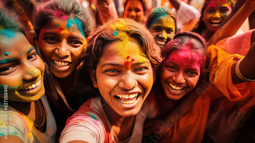 Indian people celebrating Holi festival with colourful powder in India