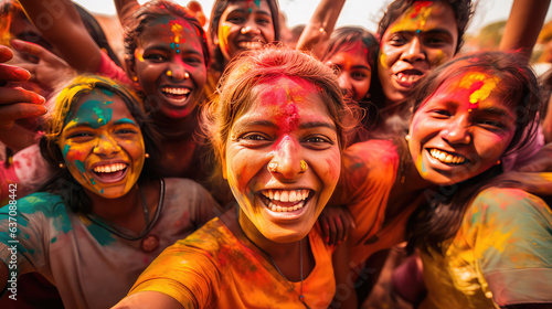 Indian people celebrating Holi festival with colourful powder in India © Natalia