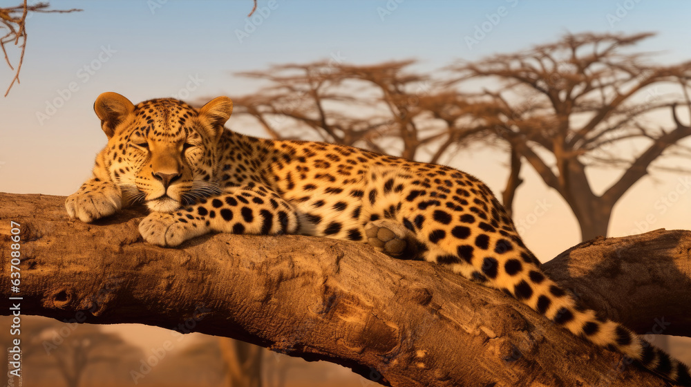 Obraz premium Leopard sleeping on the tree at forest.