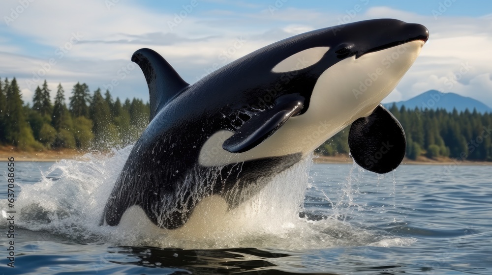 Fototapeta premium Orca whale jumping out of the sea.