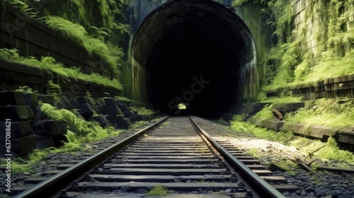 Shot of train rails surrounded by nature leading to the dark tunnel.