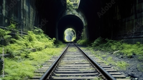 Shot of train rails surrounded by nature leading to the dark tunnel.