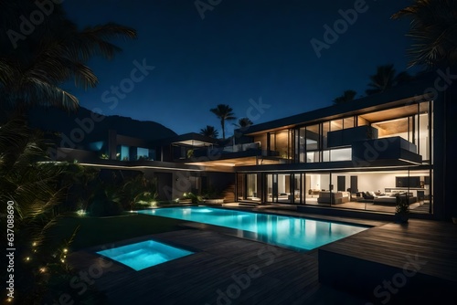 Modern house with ambiental lights, near a sea, futuristic pool, dark - AI Generative