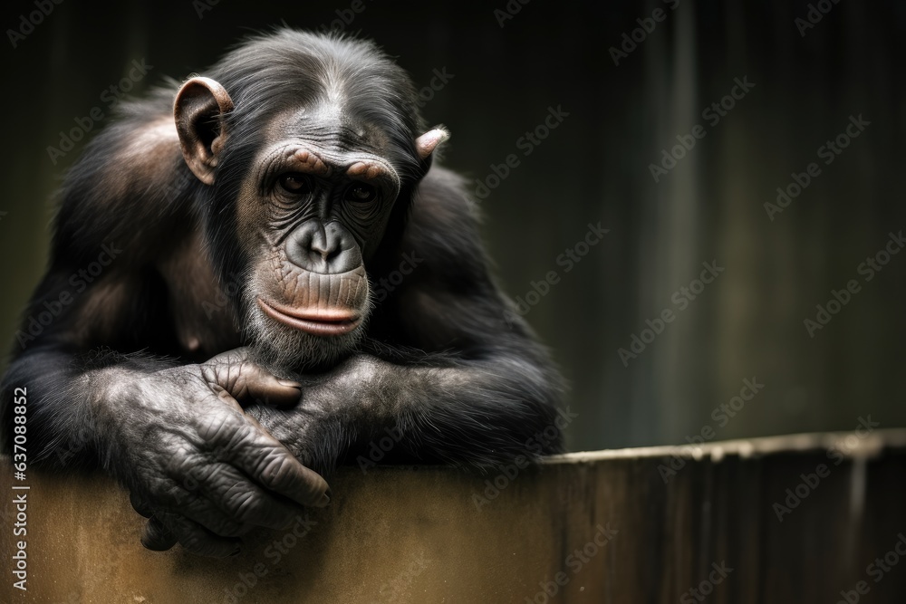 Chimpanzee sitting on a metal rusty sink in a weathered cage contemplating about something deep.