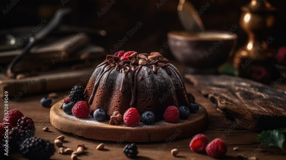 christmas chocolate bundt cake decorated wit berries on wooden table