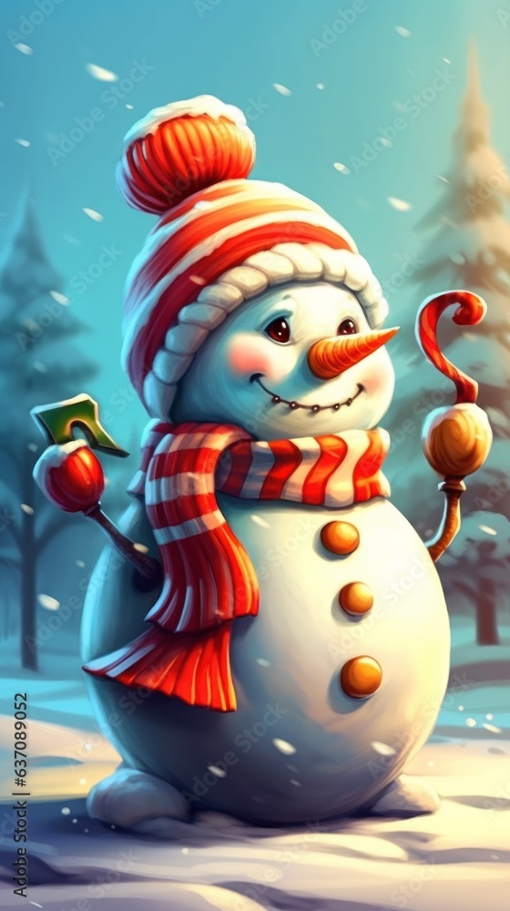 snowman in a red hat and scarf on the background of the winter forest