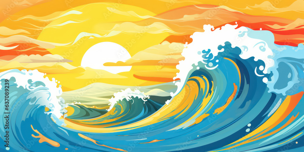 Playful Ocean Wave in Cartoon Style. Sun ocean wave blue clouds happy splash. Banner Header Travel Graphic Resource as background sunny ocean wave splashing water. Generative AI Playful Ocean Wave in Cartoon Style. Sun ocean wave blue clouds happy splash. Banner Header Travel Graphic Resource as background sunny ocean wave splashing water. Generative AI