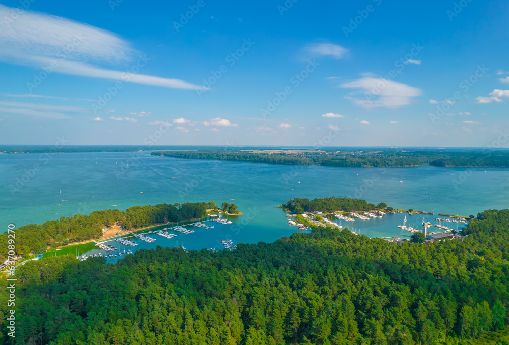 Kaunas Reservoir yacht club. Small harbor for pleasure crafts located few kilometers to city center. Aerial drone view