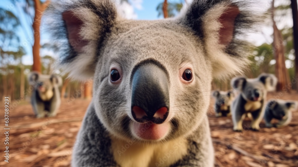 Naklejka premium Adorable koalas taking a selfie in a forest.