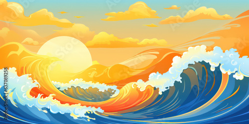 Playful Ocean Wave in Cartoon Style. Sun ocean wave blue clouds happy splash. Banner Header Travel Graphic Resource as background sunny ocean wave splashing water. Generative AI