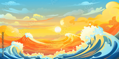 Playful Ocean Wave in Cartoon Style. Sun ocean wave blue clouds happy splash. Banner Header Travel Graphic Resource as background sunny ocean wave splashing water. Generative AI © ART STORE