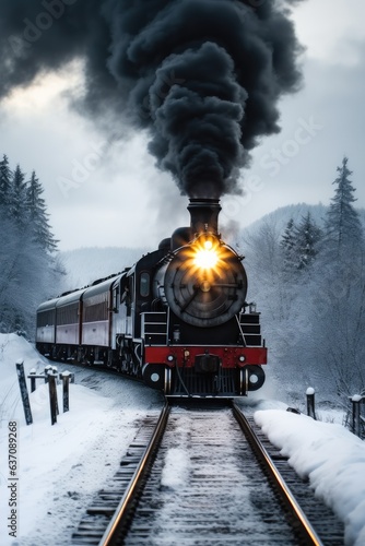 Train emitting smoke in the forest in the winter.