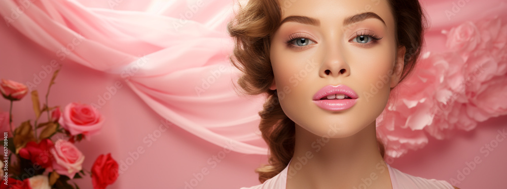 Beautiful Woman with Lovely Face with Pink Makeup and Perfect Lips - Transparent Pink Background - Life Saving Lip Balm against Irritations - Beauty and Cosmetic Care Details. generative AI, Beautiful Woman with Lovely Face with Pink Makeup and Perfect Lips - Transparent Pink Background - Life Saving Lip Balm against Irritations - Beauty and Cosmetic Care Details. generative AI,