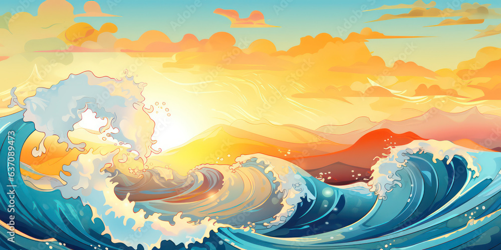 Playful Ocean Wave in Cartoon Style. Sun ocean wave blue clouds happy splash. Banner Header Travel Graphic Resource as background sunny ocean wave splashing water. Generative AI Playful Ocean Wave in Cartoon Style. Sun ocean wave blue clouds happy splash. Banner Header Travel Graphic Resource as background sunny ocean wave splashing water. Generative AI
